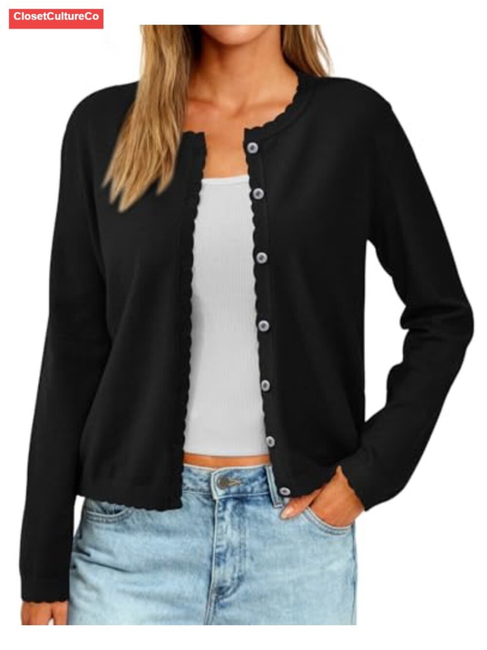 PRETTYGARDEN Women's Long Sleeve Scalloped Ribbed Knit Button Down Cardigan